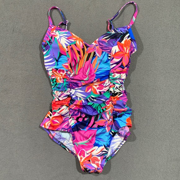 Aqua Green Floral Print One Piece Swimsuit Ruched Tummy Control Women's Large - Picture 1 of 6